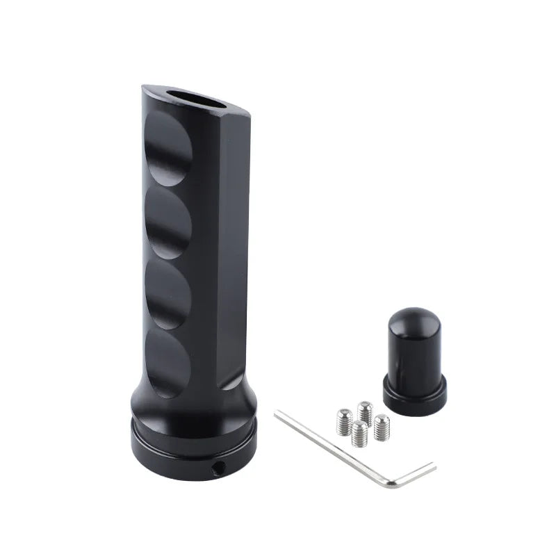 Black aluminum handbrake cover for manual transmission with mounting bolts and rod.