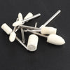 A collection of white wool felt polishing buffing wheels attached to metal rods.