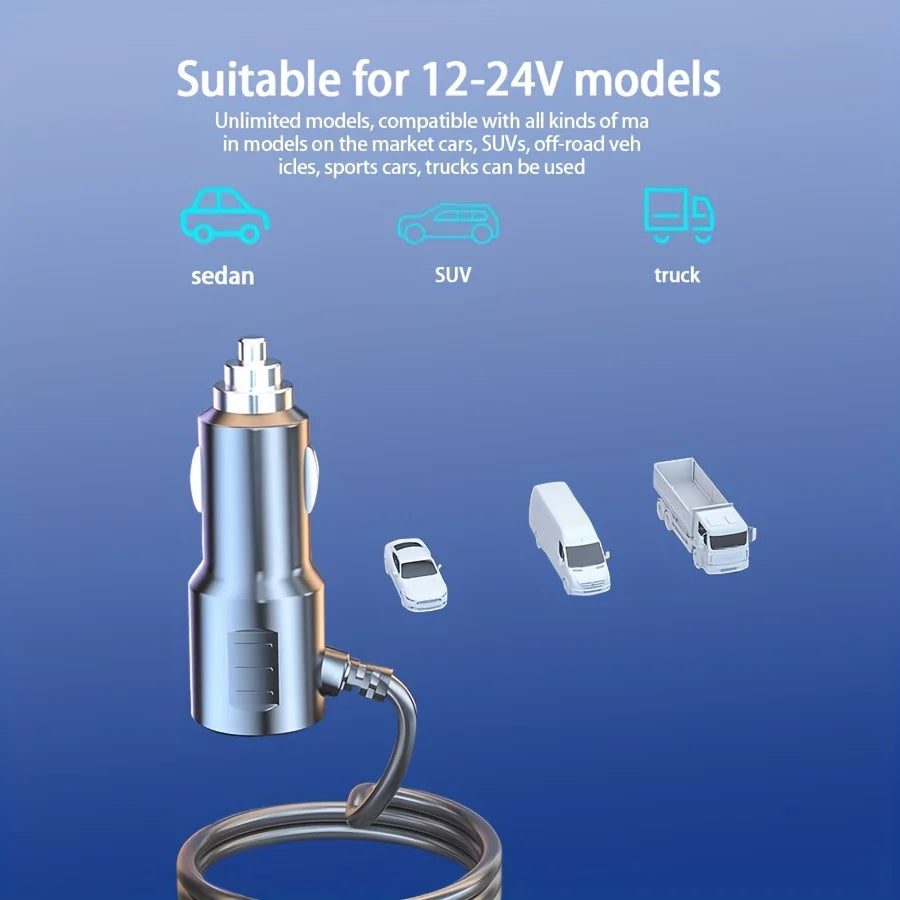 A silver multi-port DC car charger adapter is shown with various vehicle models like a sedan, SUV, and truck nearby.