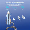 A silver multi-port car charger adapter with a flexible cable is shown against a blue background.