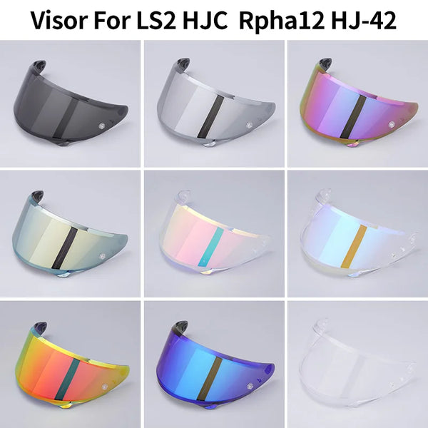 Various colored anti-fog visors for LS2 HJC Rpha12 HJ-42 motorcycle helmets shown from different angles