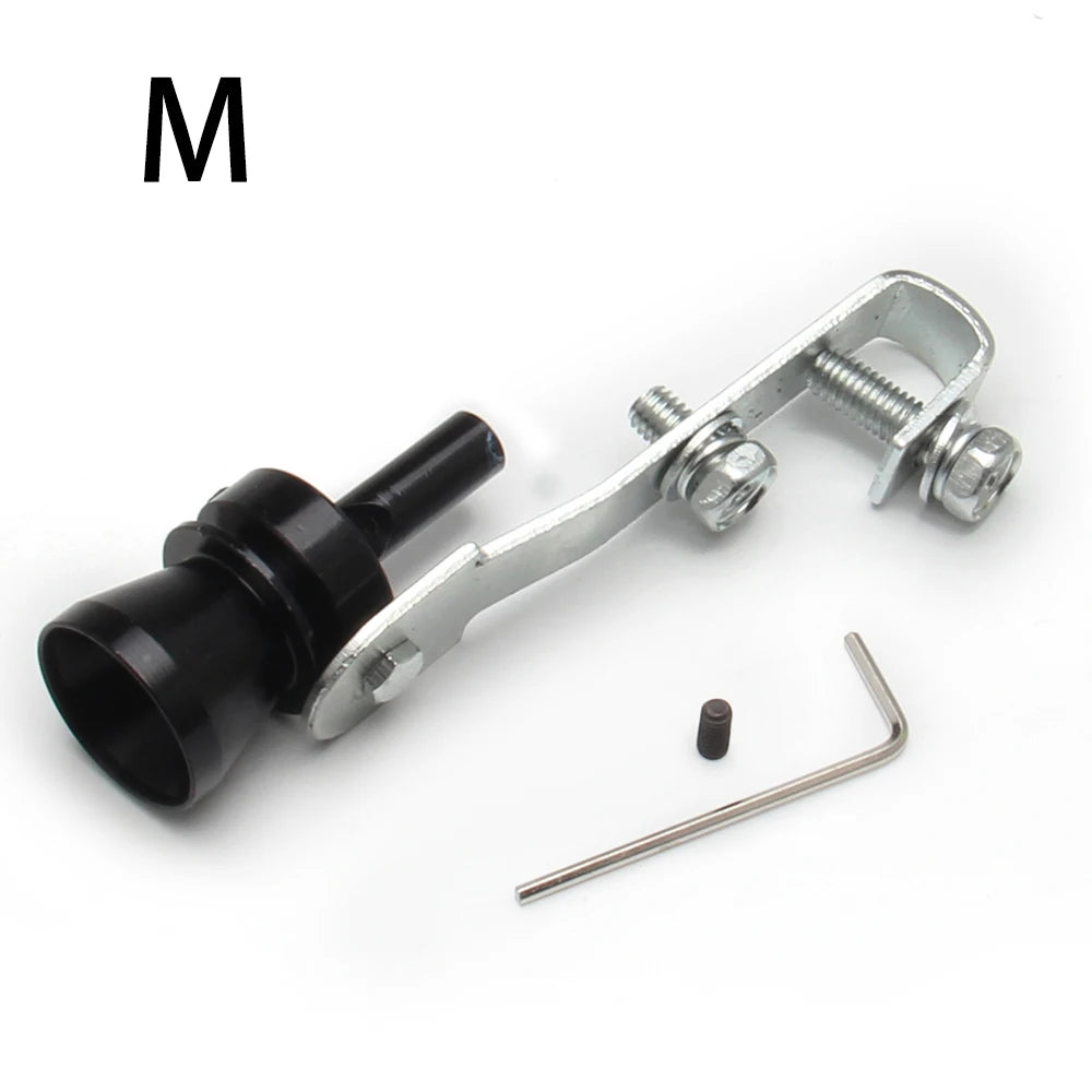 A silver metal exhaust whistle with a black nozzle and mounting hardware.