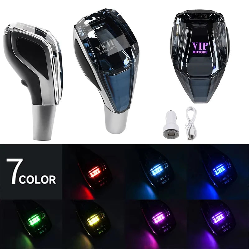 A set of VIP motors LED glowing gear shift knobs in various colors and angles.