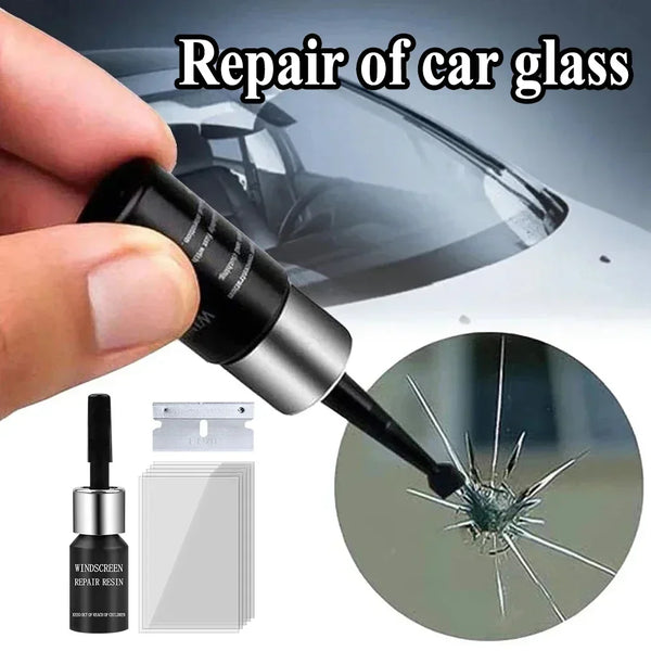 A black glass repair kit is shown applying resin to a crack in car glass.