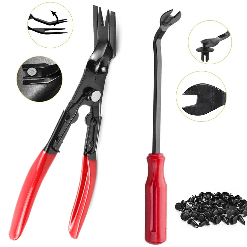 A precision plastic trim and rivet removal tool kit showing various tools including pliers, a punch, and a rivet tool.