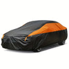 Black and orange all-weather UV car protection cover shown on a vehicle.