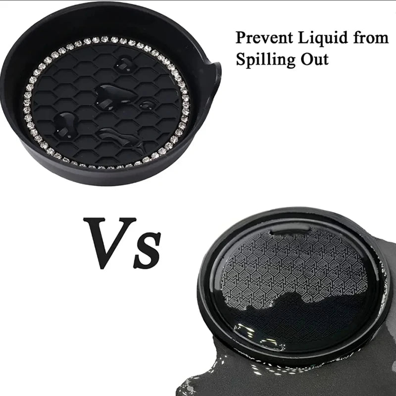 A black silicone cup holder coaster with a textured surface and a rhinestone rim, shown against a white background.