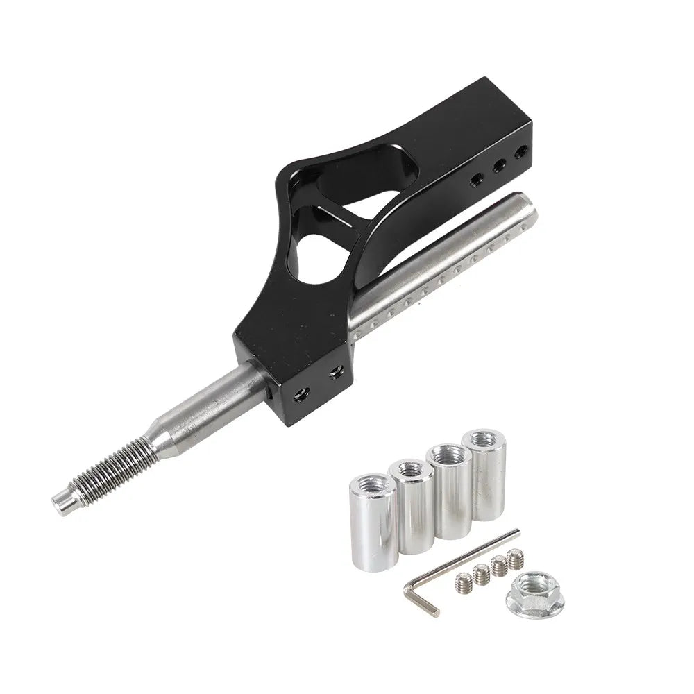 Black adjustable car gear shifter extension kit with a threaded shaft and various metal components