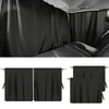 A set of four black detachable privacy curtains for windows, shown in various angles.