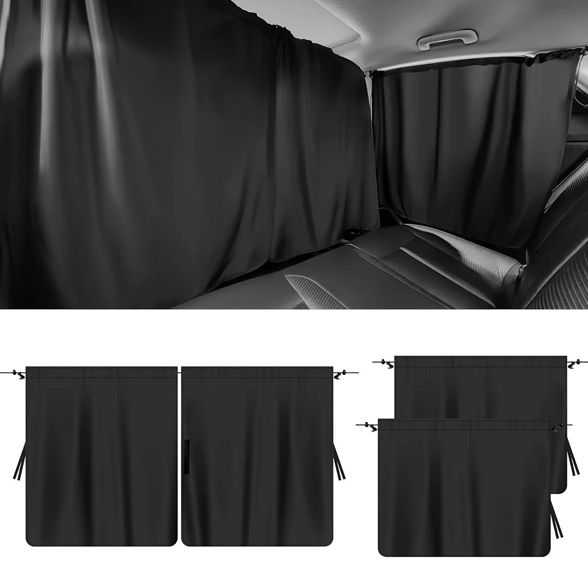 Black car privacy curtain set installed in a vehicle interior.