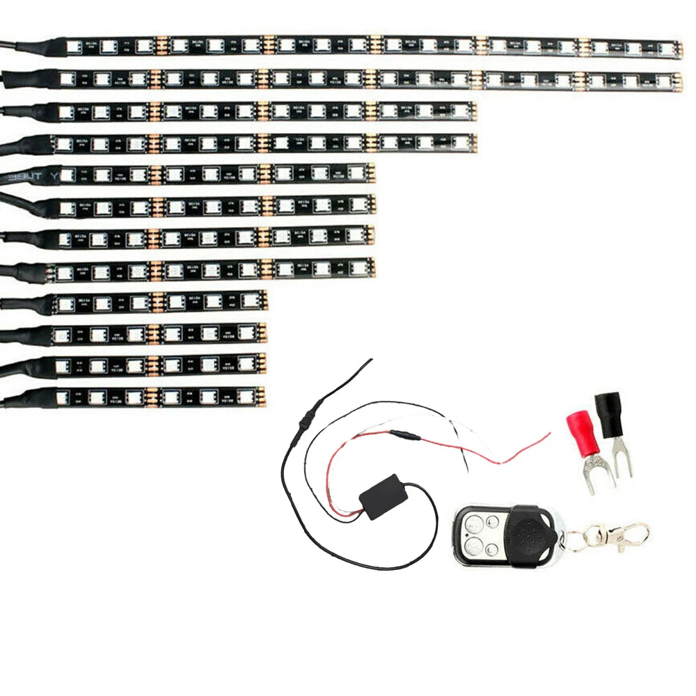 A collection of motorcycle RGB LED underglow strips and a remote control for lighting.