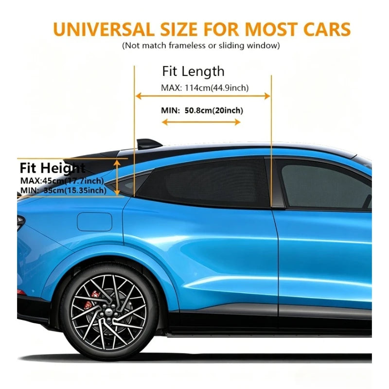 Blue car window mesh sun shade designed for universal fit, showing dimensions and installation context.