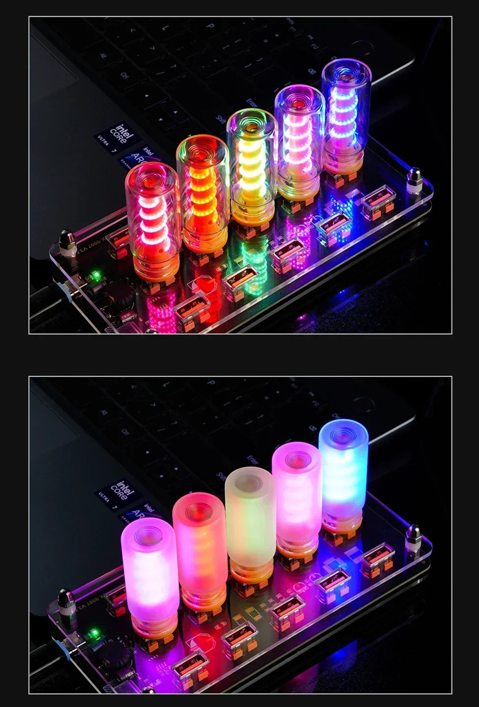 Gros plan d'une carte de circuits avec plusieurs filaments LED lumineux de différentes couleurs, utilisée comme lampe de nuit
