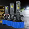 ثلاثة مصابيح LED ساطعة بقواعد زرقاء معروضة على سطح داكن، تبرز ميزات مثل نمط الشعاع والتبريد.