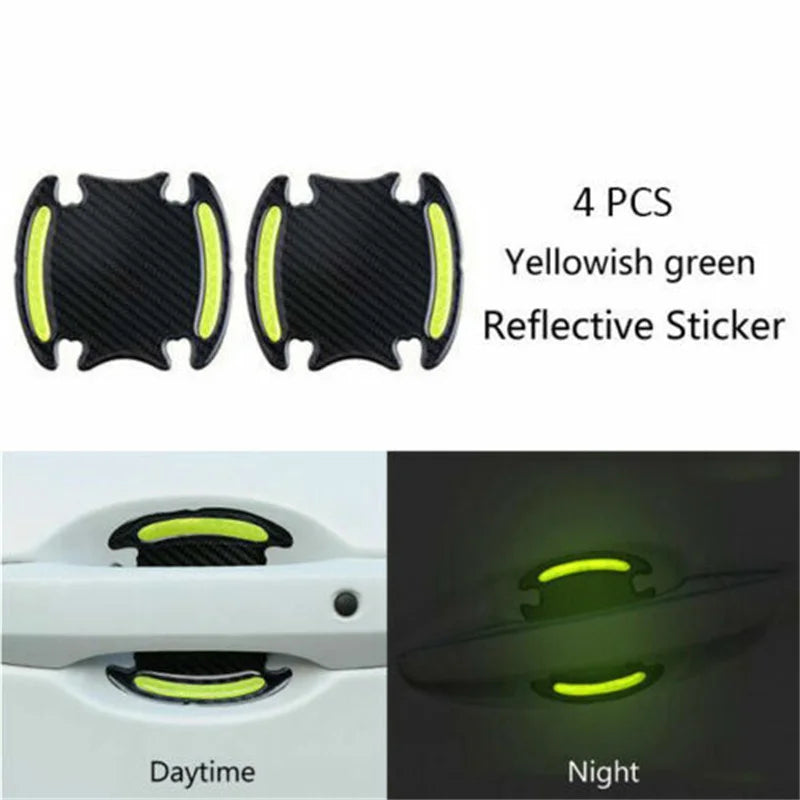 Four yellowish green reflective stickers for car door handles shown in daytime and nighttime conditions.