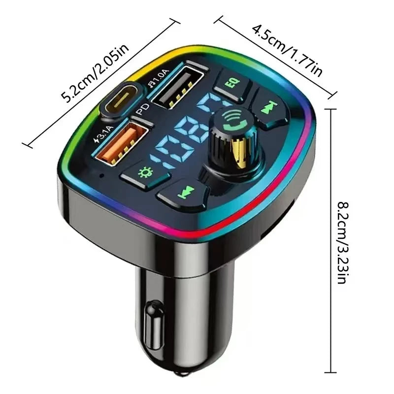 A black Bluetooth car charger with an FM transmitter displaying power output and controls.