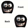 Front and back views of a black universal car seat headrest cover with a decorative smiling face pattern