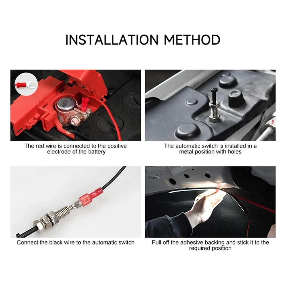 Installation method showing how to connect the red wire and install the automatic switch in an under hood LED work light.
