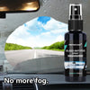 A bottle of Prepinfoam Glass Anti Fog Spray is shown next to a car windshield with fog removed.