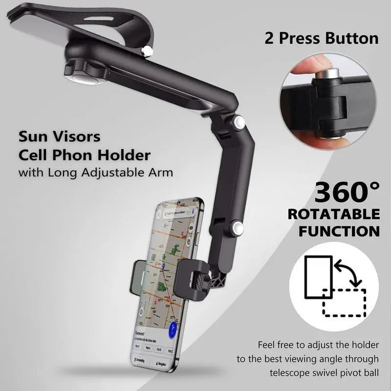 Black cell phone holder with long adjustable arm and a press button for 360 degree rotatable function