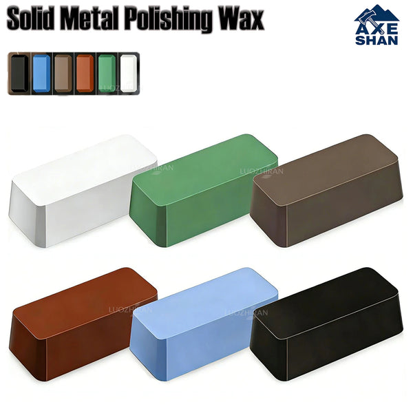 A set of six solid metal polishing wax bars in various colors including blue, brown, green, and black.