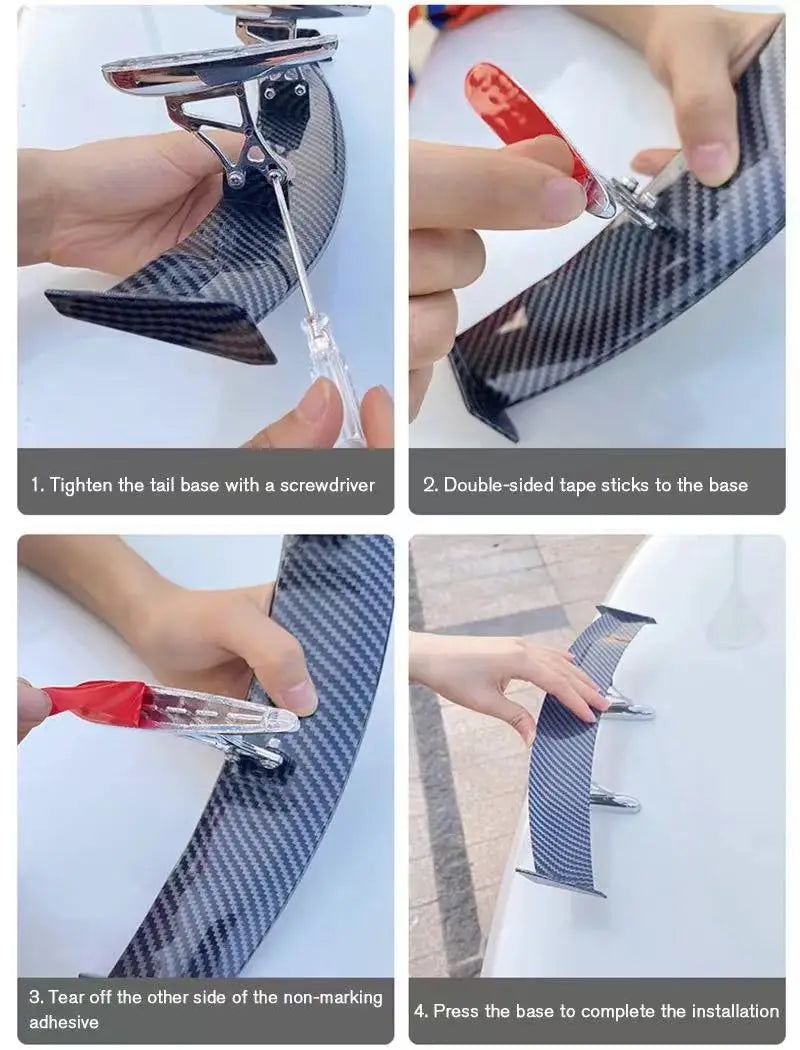 Instructions showing how to install a carbon fiber rear car spoiler wing using double-sided tape and a screwdriver.