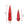 A set of four red aluminum tire valve stem caps shown with dimension lines.