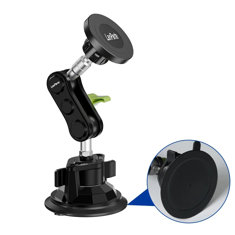 Support magnétique pour téléphone de voiture noir à rotation 360° avec molette d'ajustement verte.