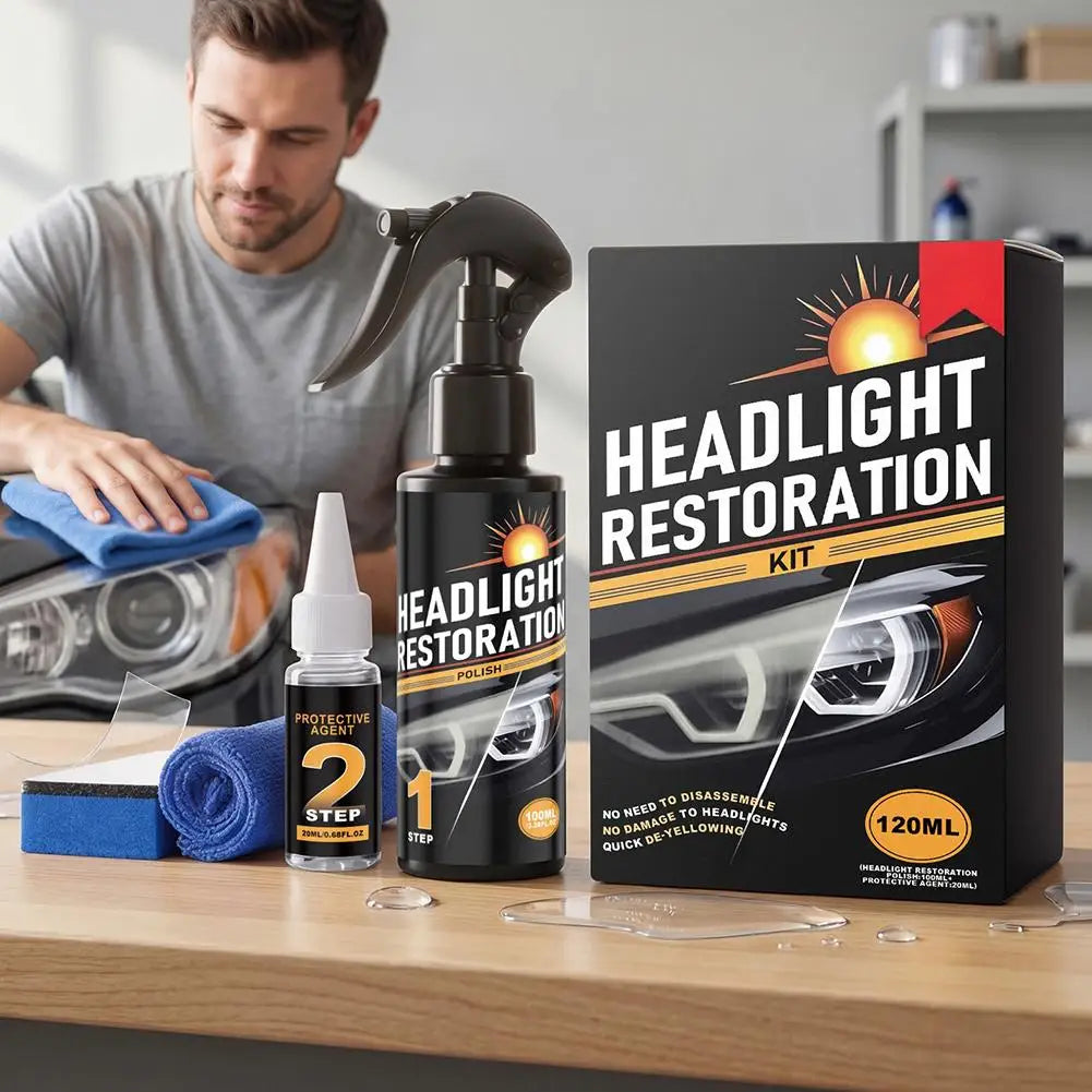A professional headlight restoration kit box and bottle with a pump dispenser, shown next to a man applying the product.