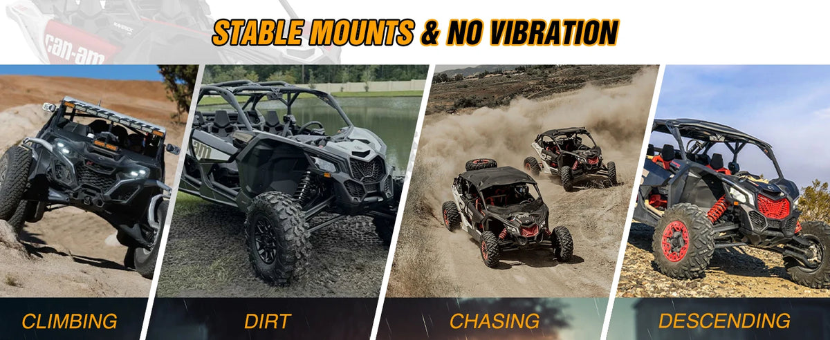 Four images showing UTV front side light bar mounting brackets used in climbing, dirt driving, chasing, and descending.