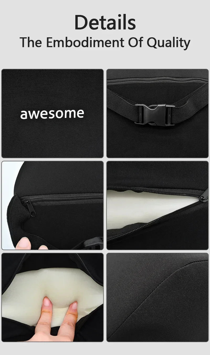 Close-up details of a black ergonomic car headrest cushion showing its texture and fit.