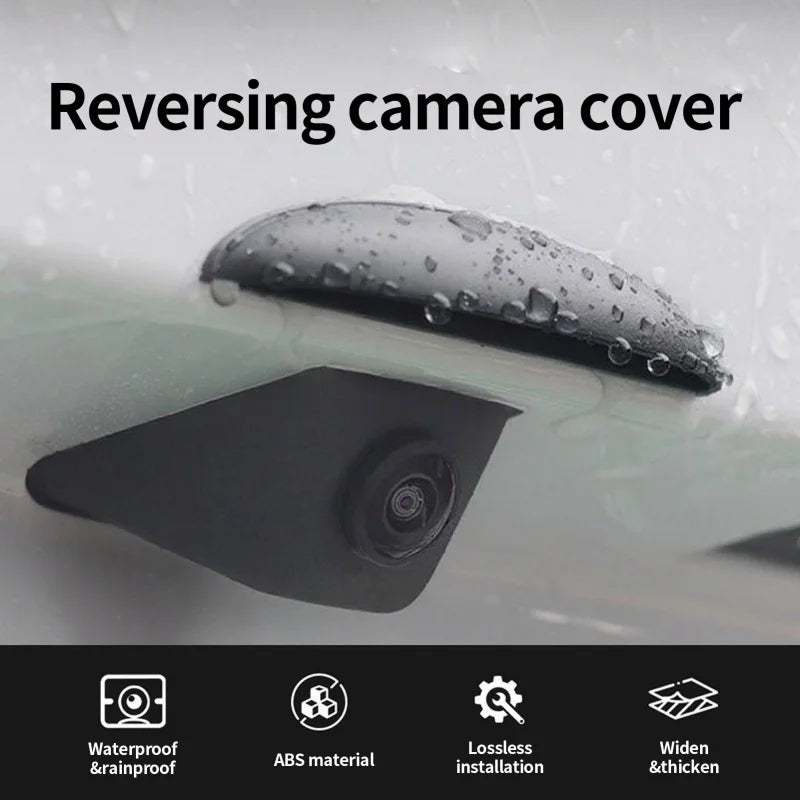 A black camera cover is shown being reversed onto a white surface, highlighting its waterproof and installation features.