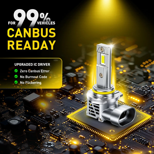 A close-up view of an upgraded IC driver module for Canbus LED headlight bulbs on a circuit board.