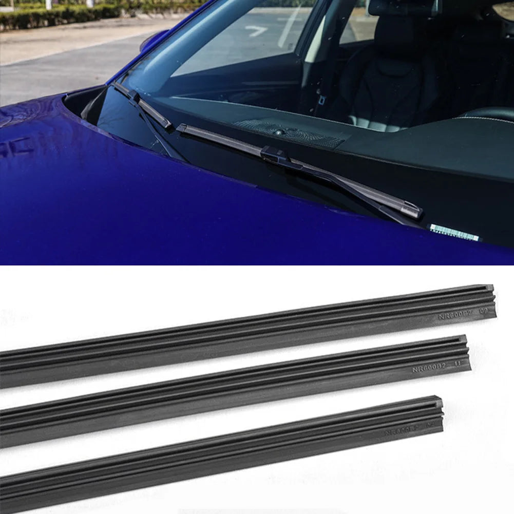 A close-up view of a black universal car windshield wiper blade insert with natural rubber strips.