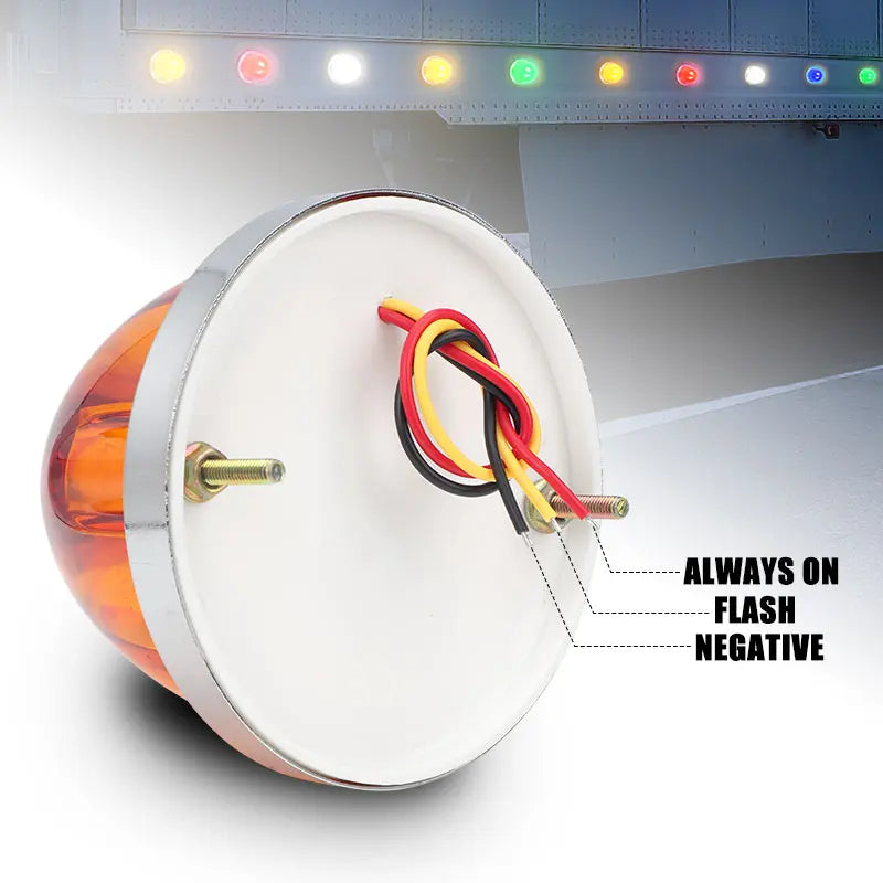 A round LED strobe light with wires connected, showing instructions for always on flash negative operation.