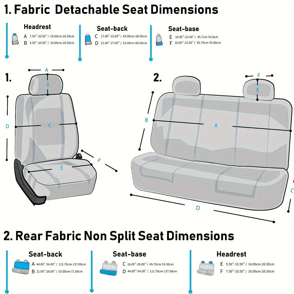 Diagrams showing dimensions for fabric detachable seat covers, including seat-back and seat-base measurements.