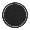 Posavasos de silicona negra con superficie texturizada y borde de pedrería plateada ornamentada.