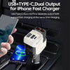 A white USB/Type-C dual output fast charger is shown plugged into a car charger port, with an iPhone being charged.