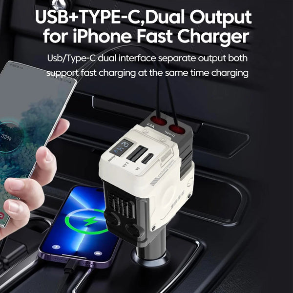 شاحن سريع مزدوج الإخراج USB/Type-C أبيض موصول بمنفذ شاحن السيارة يشحن آيفون.