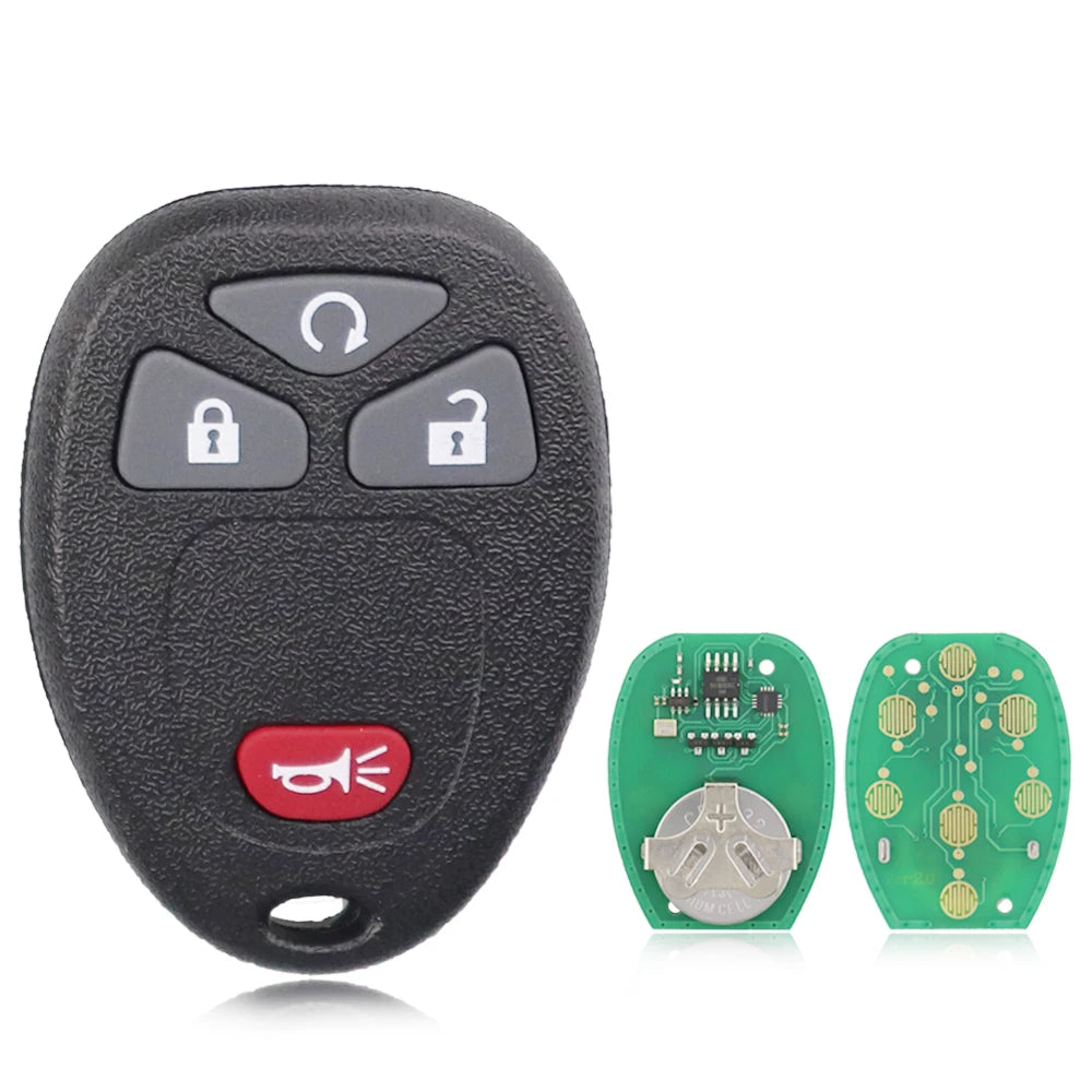 A black universal remote car key featuring a headphone button, lock buttons, and a red emergency button, with circuit boards 