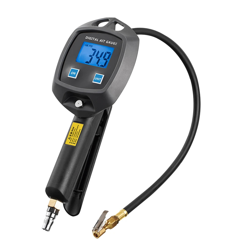 A black digital tire pressure gauge with an LCD display and a flexible hose connector.