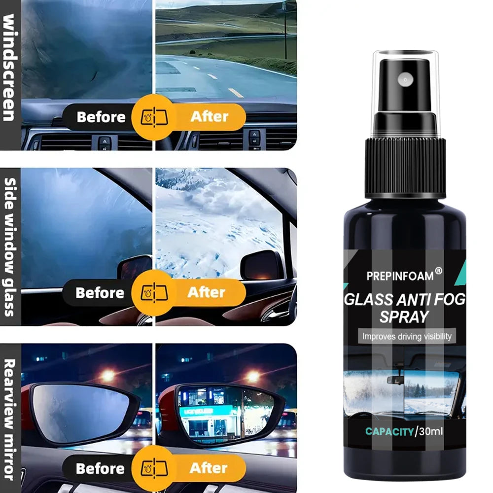 Bottle of Prepinfoam glass anti fog spray showing before and after results on car windows and mirrors