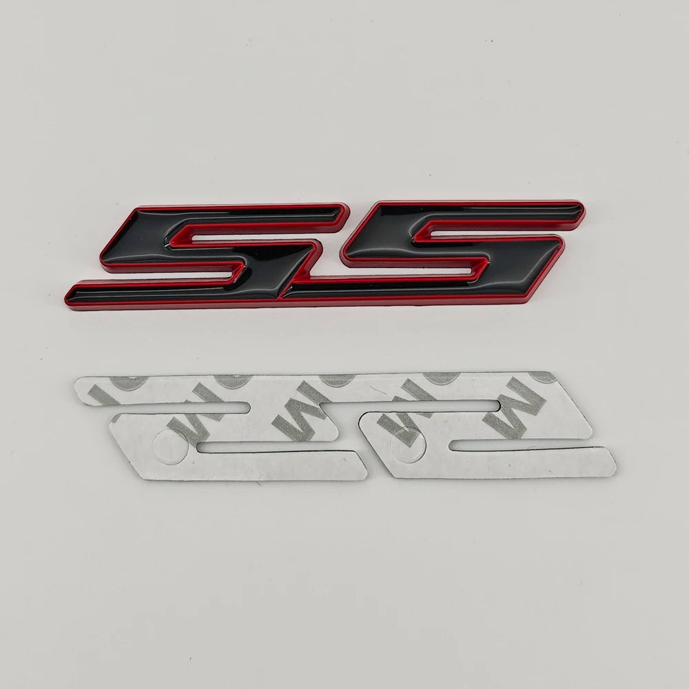 A black and red 3D metal SS/RS emblem badge for Chevrolet vehicles.