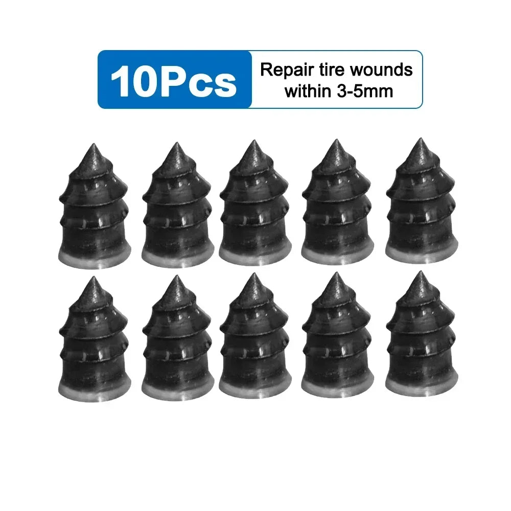Ten black rubber tire repair plugs for wounds between 3-5mm.