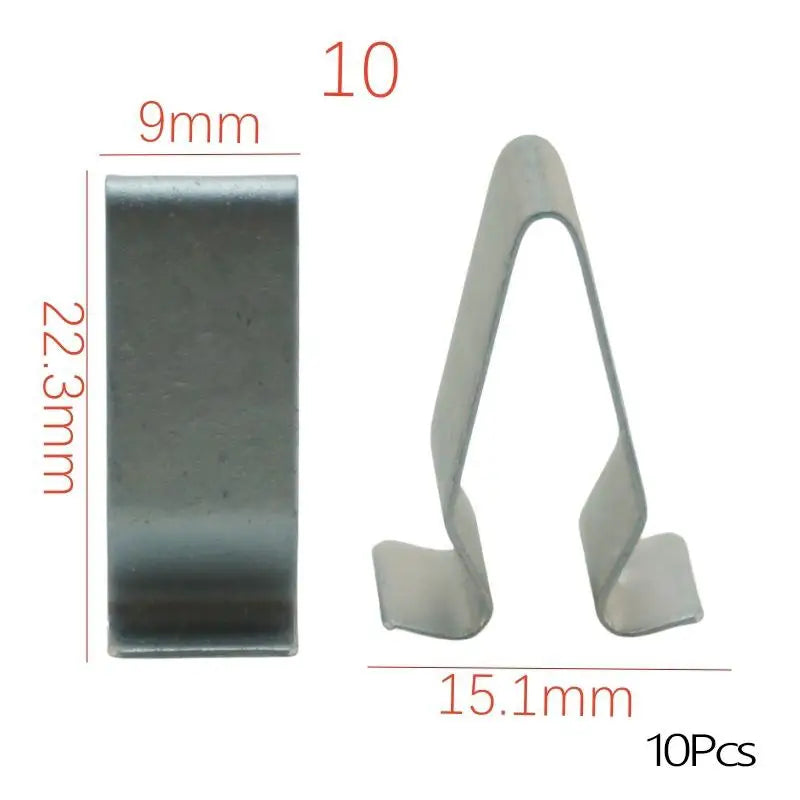A set of 10 metal dashboard retainer clips, measuring 9mm by 22.3mm each.