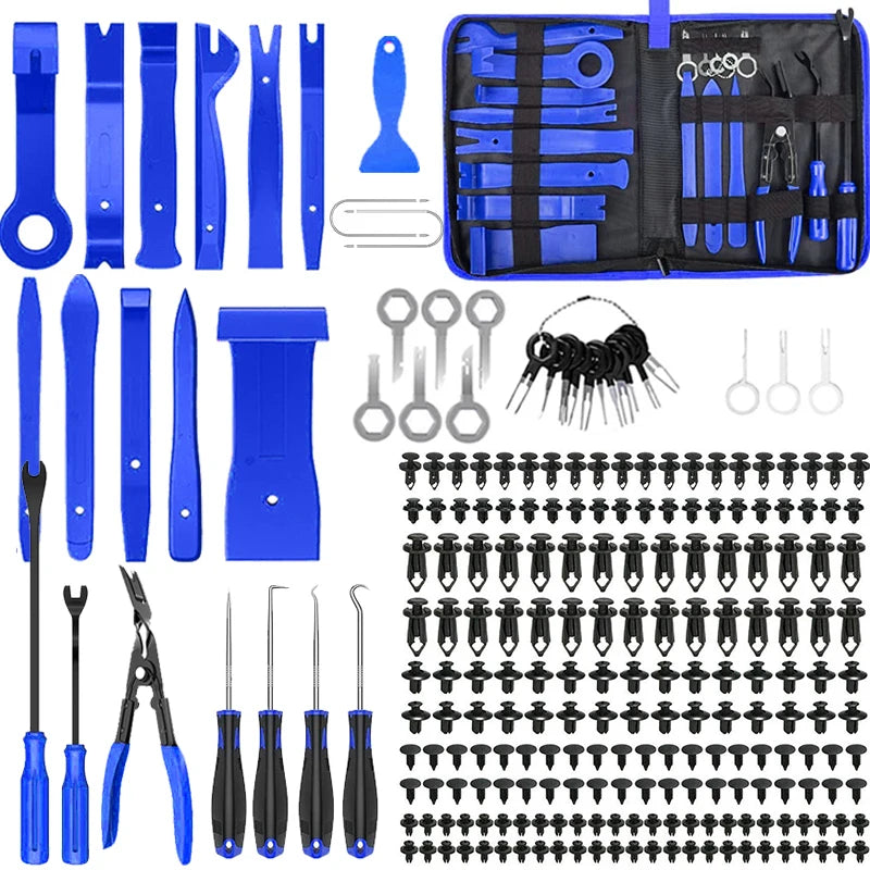 Kit d'outils polyvalent bleu et noir pour le retrait de garnitures automobiles, avec divers outils spécialisés et mèches.
