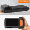 A black handheld endoscope probe is shown, featuring a display screen and control buttons.