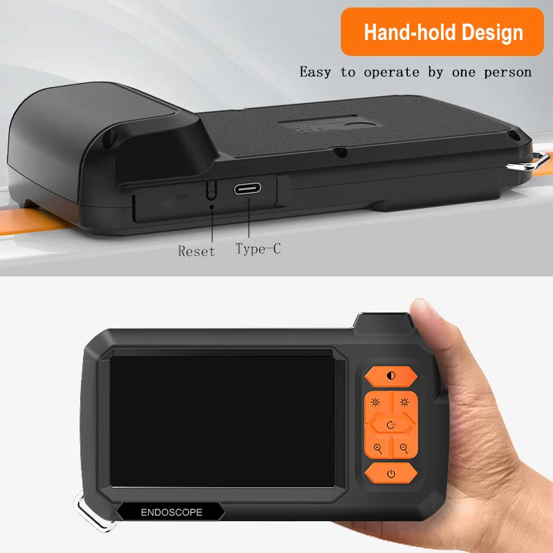 A black handheld endoscope probe is shown, featuring a display screen and control buttons.