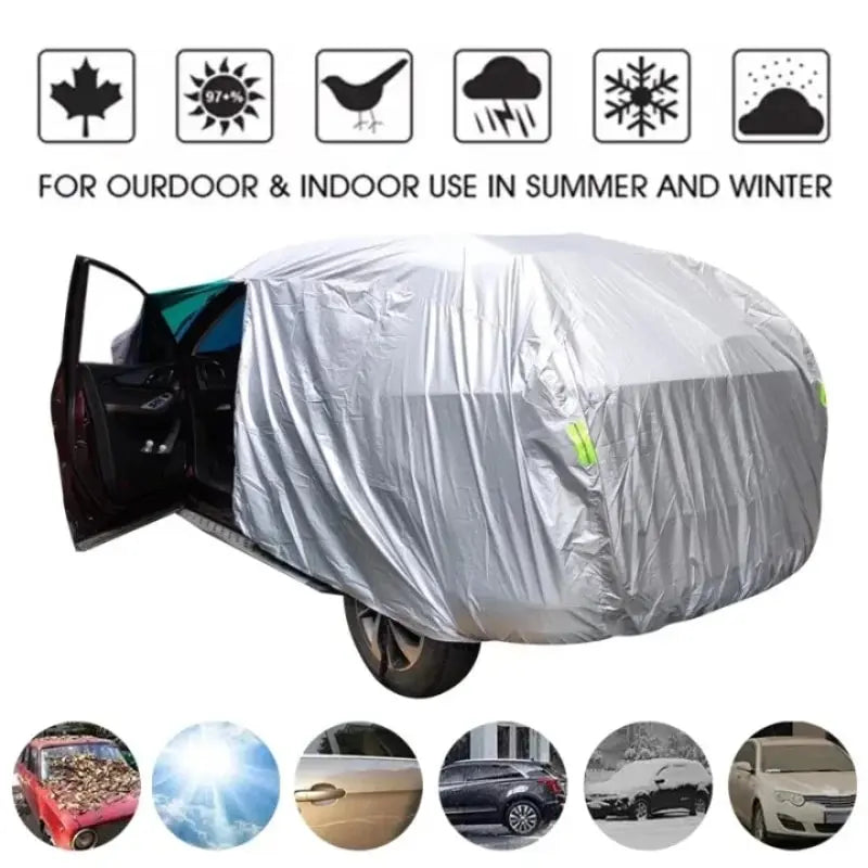 A universal all-weather car cover in silver fabric shown alongside various weather icons and vehicle examples.