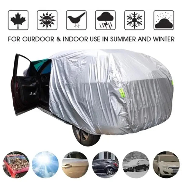 A universal all-weather car cover in silver fabric shown alongside various weather icons and vehicle examples.